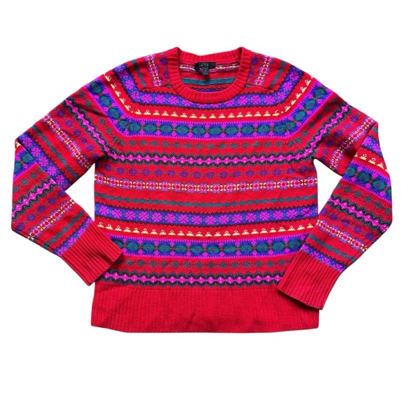 J. CREW Red Holly Fair Isle Crewneck Colorful Sweater Wool Boxy Fit Size Medium - Picture 3 of 10